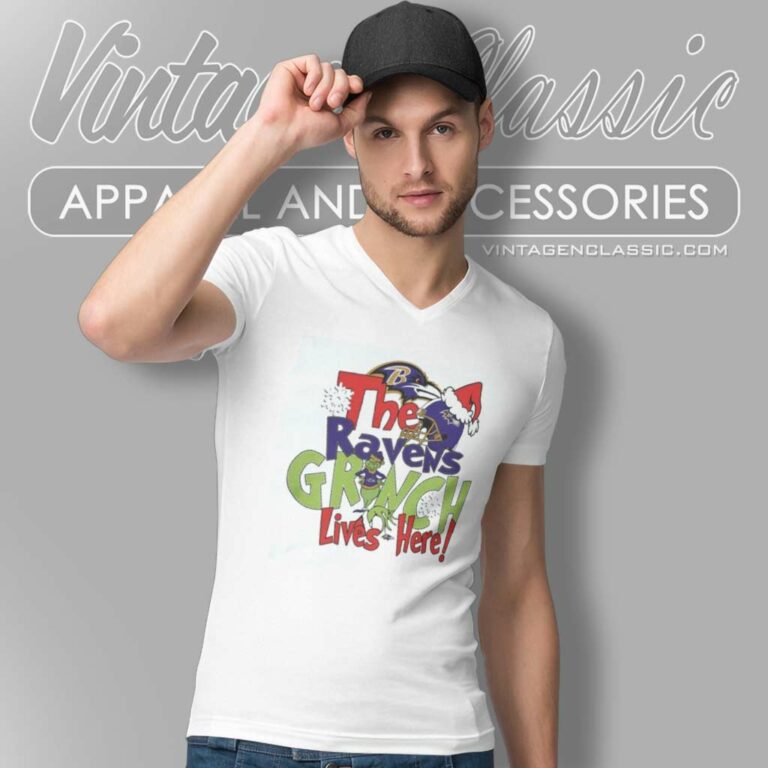 Ravens X Grinch Lives Here Christmashirt V Neck TShirt Ravens X Grinch Lives Here Christmashirt V Neck TShirt