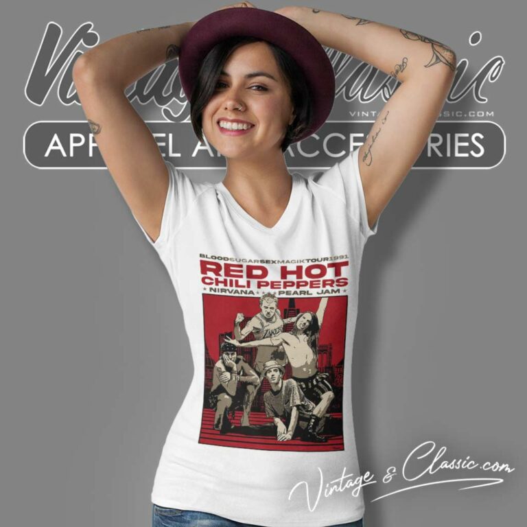 Red Hot Chili Peppers 1991 Concert Sock Poster V Neck TShirt Red Hot Chili Peppers 1991 Concert Sock Poster V Neck TShirt