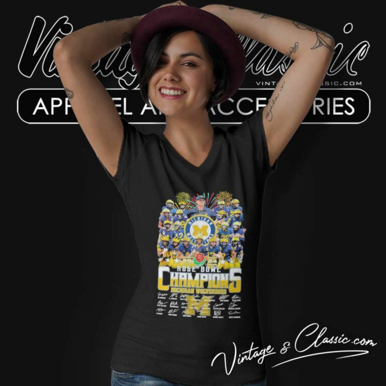 Rose Bowl Champions Michigan Wolverines Football Signatures V Neck TShirt Rose Bowl Champions Michigan Wolverines Football Signatures V Neck TShirt