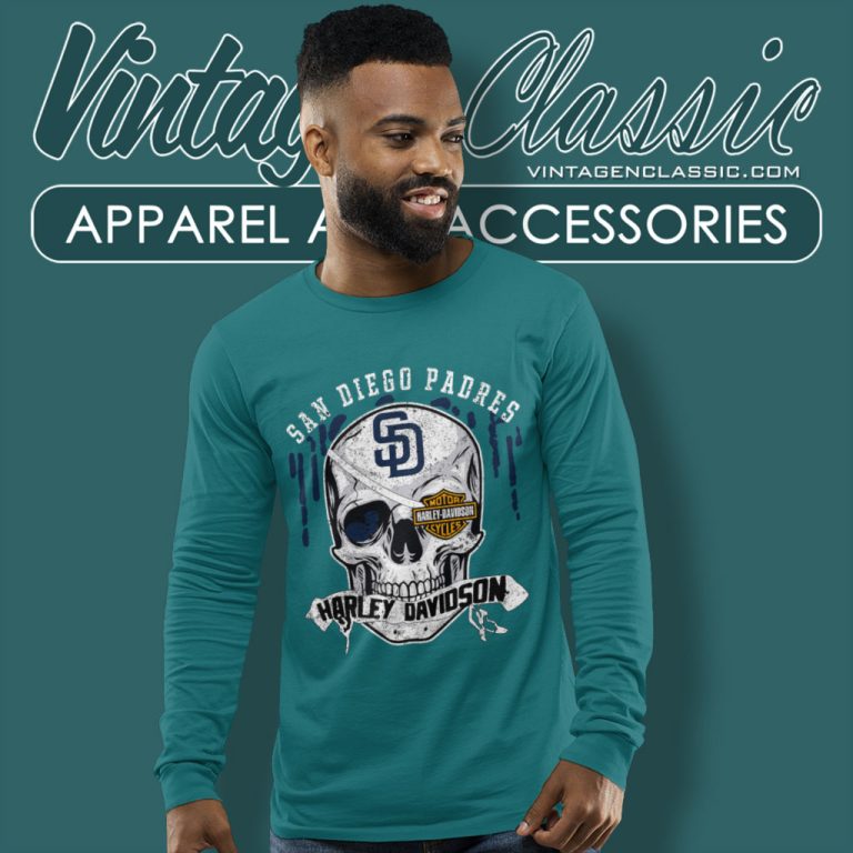 San Diego Padres Harley Davidson Skull Long Sleeve Tee San Diego Padres Harley Davidson Skull Long Sleeve Tee
