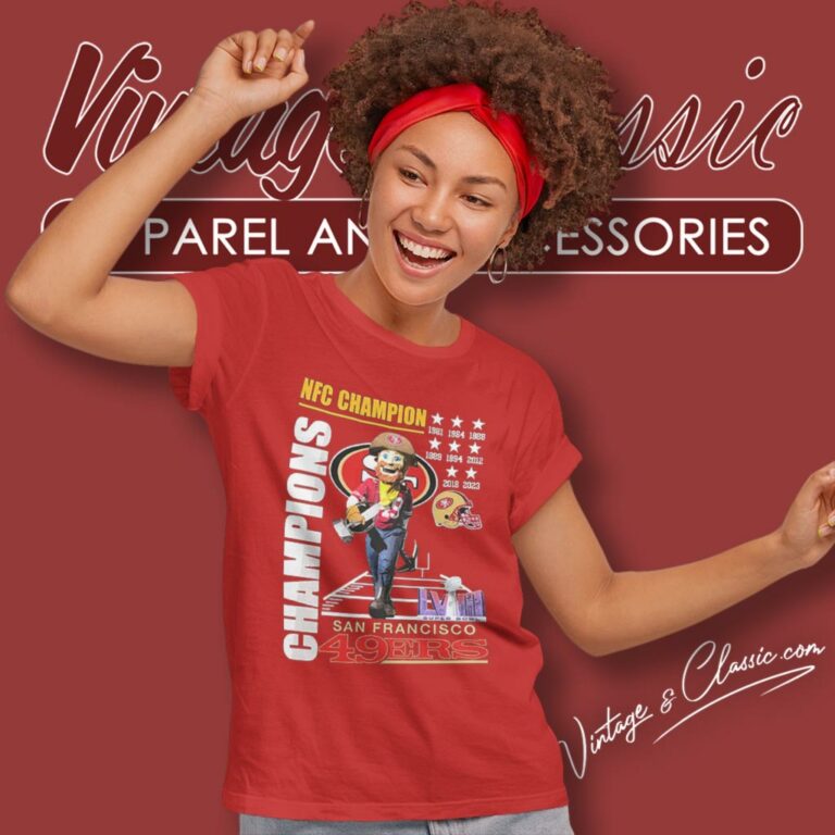 San Francisco 49ers 2023 Nfc Champions Super Bowl Lviii 1981 2023 Mascot Women T Shirt San Francisco 49ers 2023 Nfc Champions Super Bowl Lviii 1981 2023 Mascot Women T Shirt