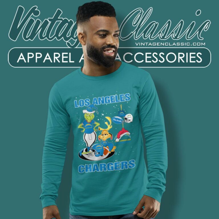 Santa Grinch And Dog Los Angeles Chargers Christmas Long Sleeve Tee Santa Grinch And Dog Los Angeles Chargers Christmas Long Sleeve Tee