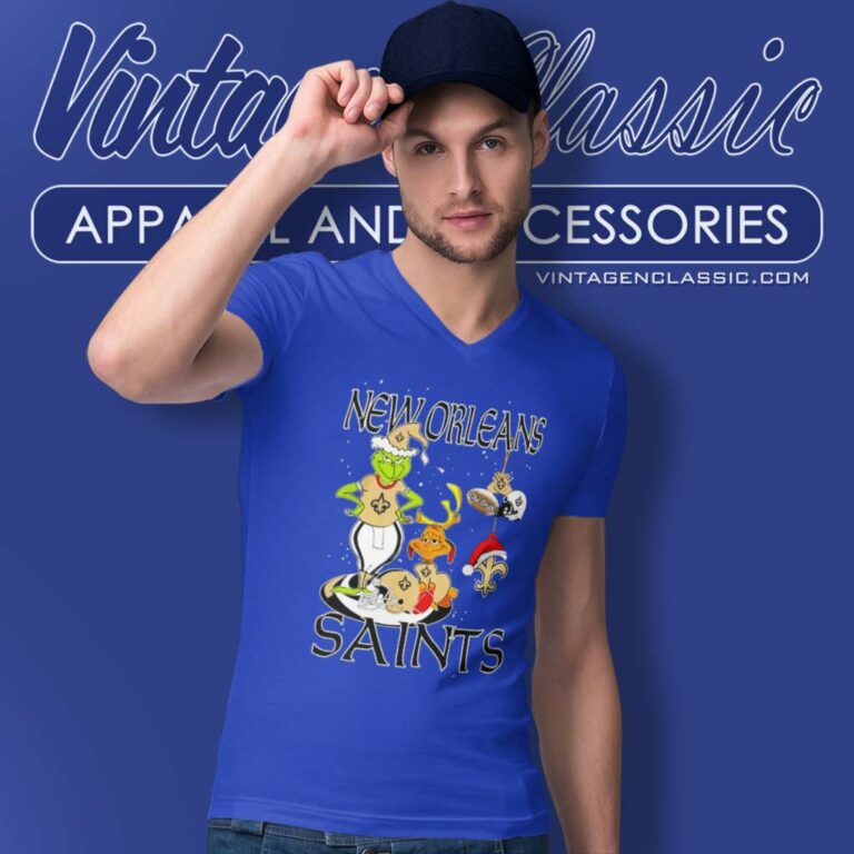 Santa Grinch And Dog New Orleans Saints Christmas V Neck TShirt 1 Santa Grinch And Dog New Orleans Saints Christmas V Neck TShirt 1