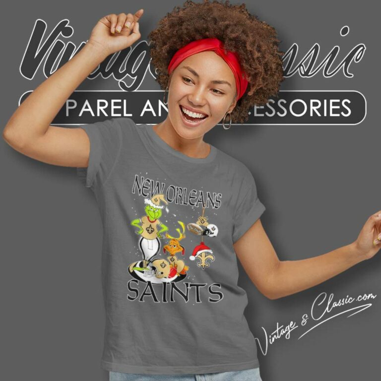 Santa Grinch And Dog New Orleans Saints Christmas Women TShirt 1 Santa Grinch And Dog New Orleans Saints Christmas Women TShirt 1