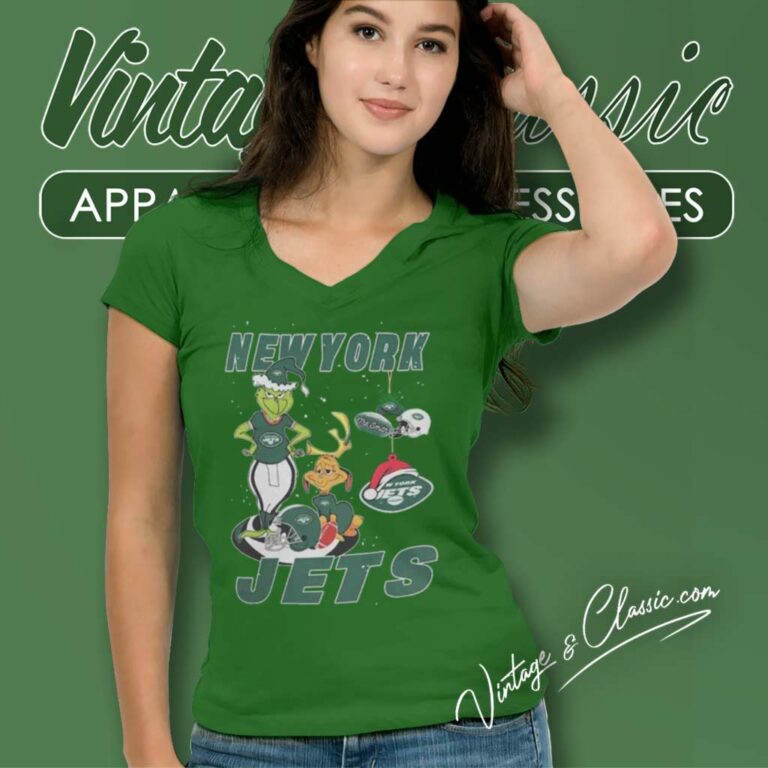 Santa Grinch And Dog New York Jets Christmas V Neck TShirt 1 Santa Grinch And Dog New York Jets Christmas V Neck TShirt 1