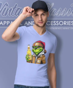 Santa Grinch Drinking Beer Golden Light V Neck TShirt