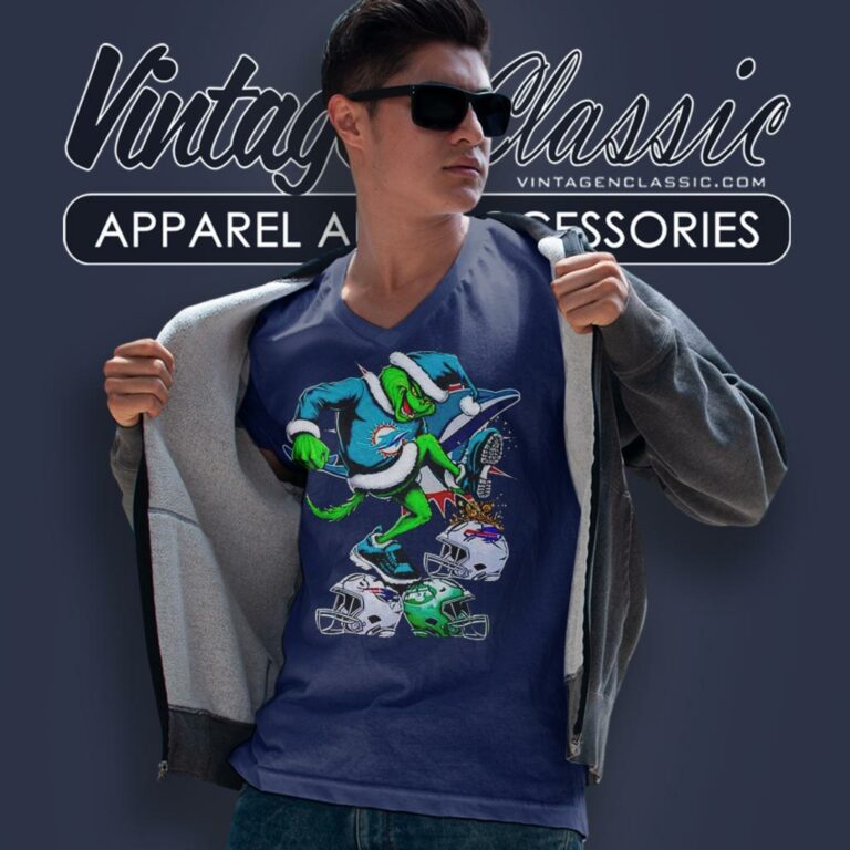 Santa Grinch Miami Dolphins Stomp On Nfl Teams Christmas V Neck TShirt Santa Grinch Miami Dolphins Stomp On Nfl Teams Christmas V Neck TShirt