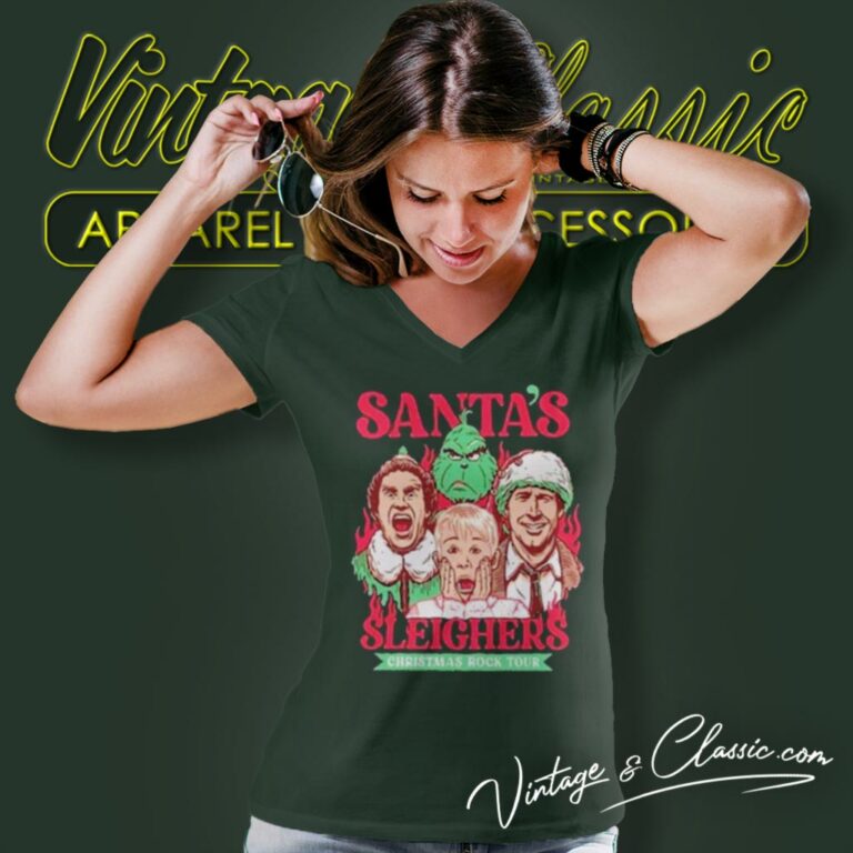 Santa Sleighers Christmas Rock Tour Home Alone V Neck TShirt Santa Sleighers Christmas Rock Tour Home Alone V Neck TShirt