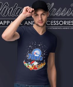 Santa Snoopy And Woodstock Philadelphia 76ers Christmas V Neck TShirt