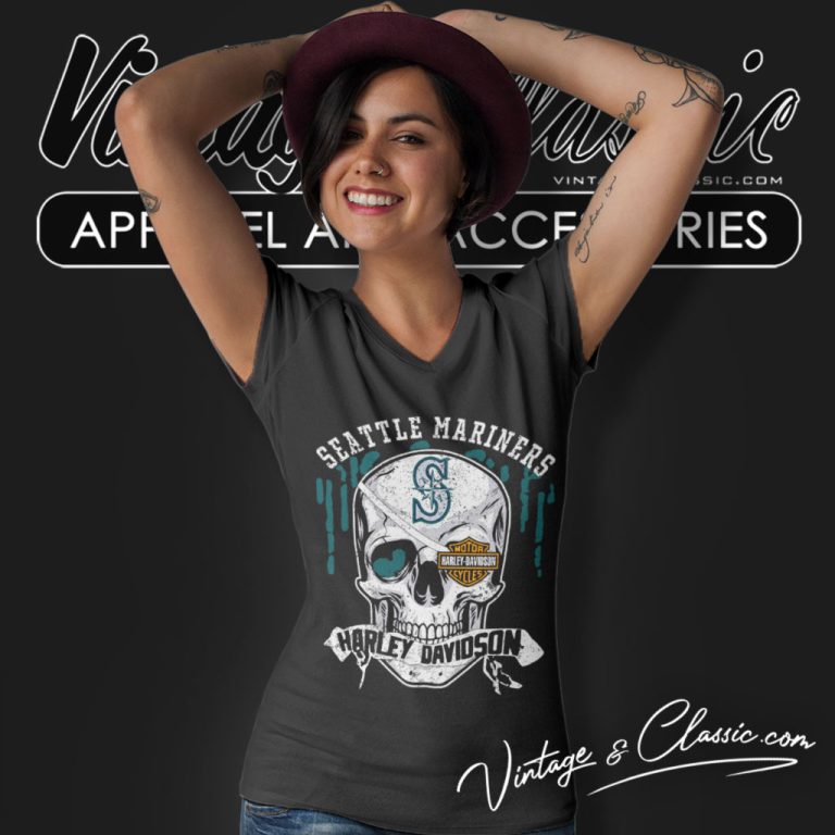 Seattle Mariners Harley Davidson Skull V Neck TShirt Seattle Mariners Harley Davidson Skull V Neck TShirt