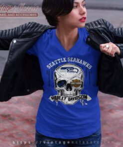 Seattle Seahawks Harley Davidson Skull V Neck TShirt