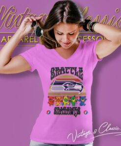 Seattle Seahawks Nfl Grateful Dancing Bears Retro V Neck TShirt