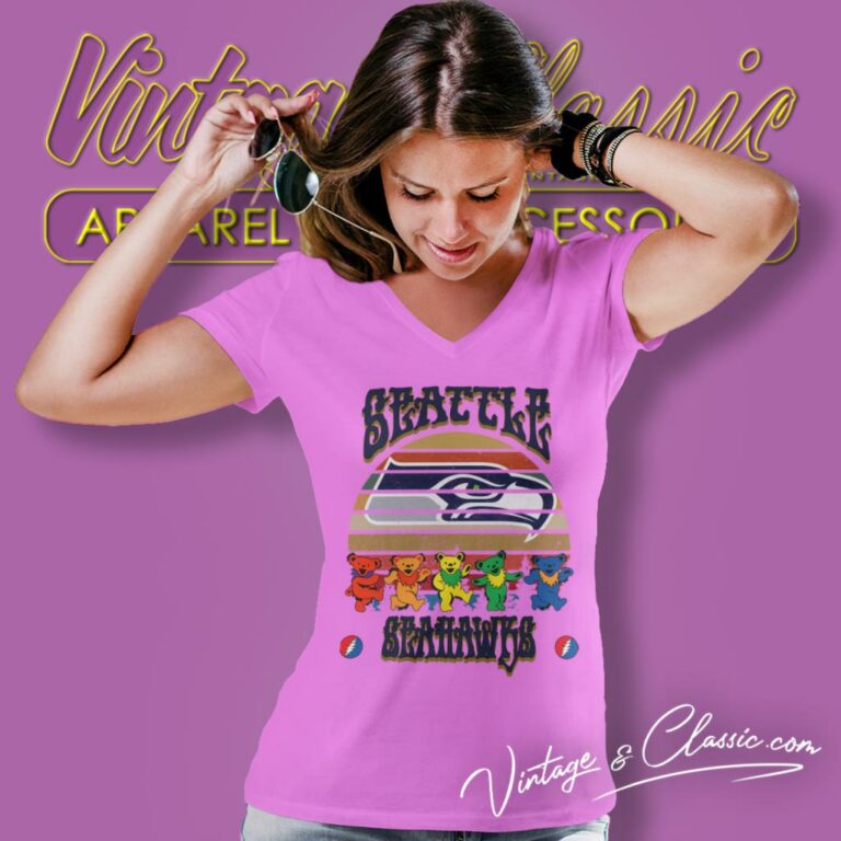 Seattle Seahawks Nfl Grateful Dancing Bears Retro V Neck TShirt Seattle Seahawks Nfl Grateful Dancing Bears Retro V Neck TShirt