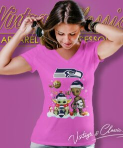 Seattle Seahawks Shirt Baby Yoda And Groot Santa Christmas V Neck TShirt