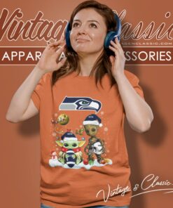 Seattle Seahawks Shirt Baby Yoda And Groot Santa Christmas Women T Shirt