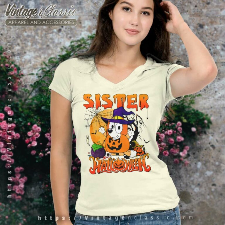 Sister Bluey Halloween Shirt Bingo Halloween V Neck TShirt Sister Bluey Halloween Shirt Bingo Halloween V Neck TShirt