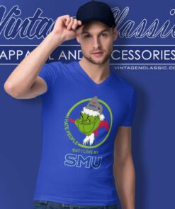 Smu Mustangs Ncaa Christmas Grinch Shirt I Hate People But I Love My Smu V Neck TShirt