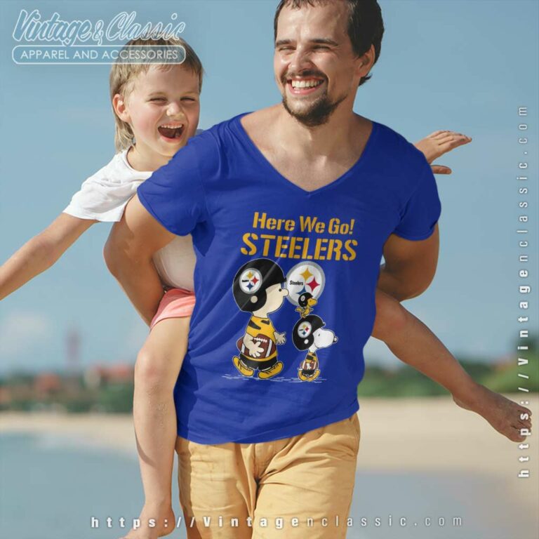 Snoopy And Charlie Brown Here We Go Steelers V Neck TShirt Snoopy And Charlie Brown Here We Go Steelers V Neck TShirt