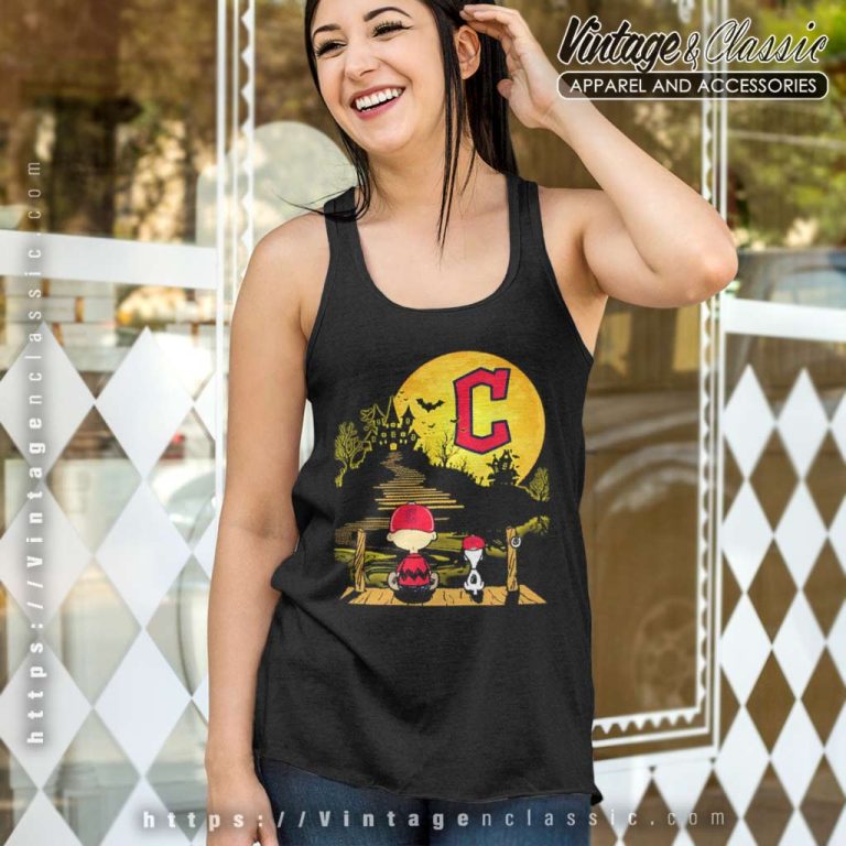 Snoopy And Charlie Brown Sit Under Moon Cleveland Guardians Halloween Tank Top Racerback Snoopy And Charlie Brown Sit Under Moon Cleveland Guardians Halloween Tank Top Racerback