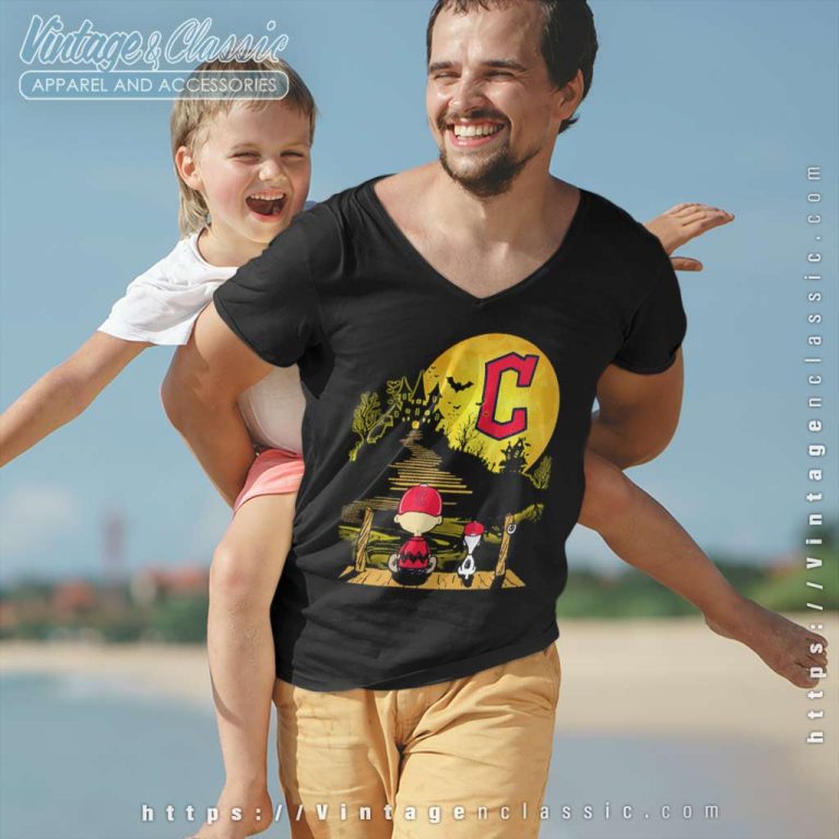 Snoopy And Charlie Brown Sit Under Moon Cleveland Guardians Halloween V Neck TShirt Snoopy And Charlie Brown Sit Under Moon Cleveland Guardians Halloween V Neck TShirt