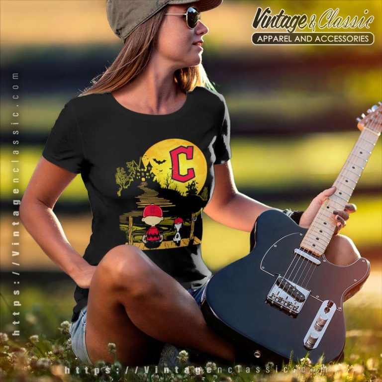 Snoopy And Charlie Brown Sit Under Moon Cleveland Guardians Halloween Women TShirt Snoopy And Charlie Brown Sit Under Moon Cleveland Guardians Halloween Women TShirt