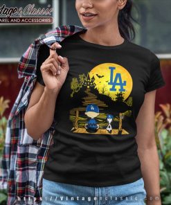 Snoopy And Charlie Brown Sit Under Moon Los Angeles Dodgers Halloween Women TShirt