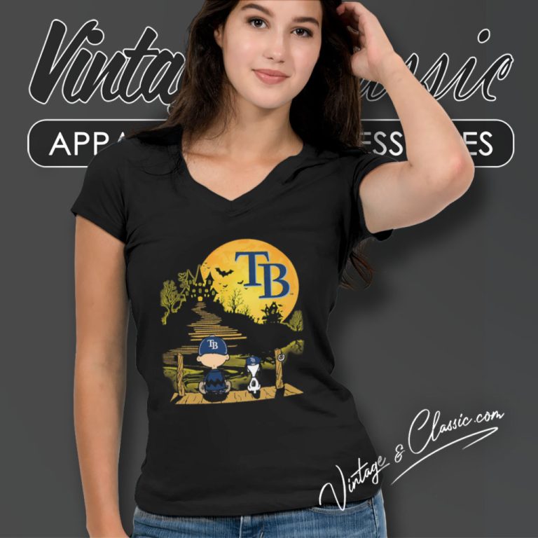 Snoopy And Charlie Brown Sit Under Moon Tampa Bay Rays Halloween V Neck TShirt Snoopy And Charlie Brown Sit Under Moon Tampa Bay Rays Halloween V Neck TShirt