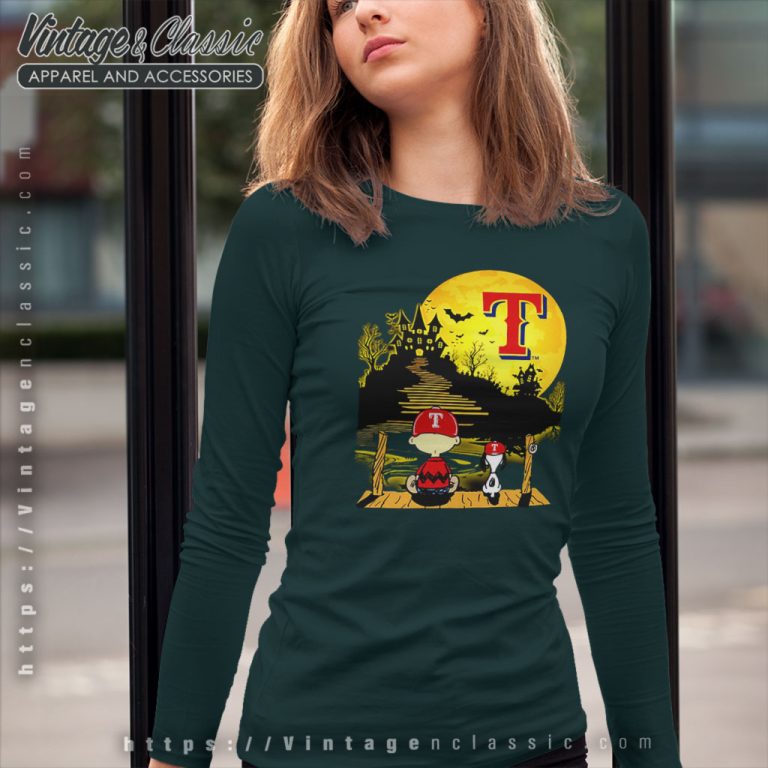 Snoopy And Charlie Brown Sit Under Moon Texas Rangers Halloween Long Sleeve Tee Snoopy And Charlie Brown Sit Under Moon Texas Rangers Halloween Long Sleeve Tee