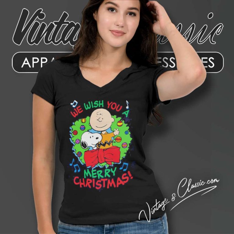 Snoopy And Charlie Brown We Wish You A Merry Christmas V Neck TShirt 1 Snoopy And Charlie Brown We Wish You A Merry Christmas V Neck TShirt 1