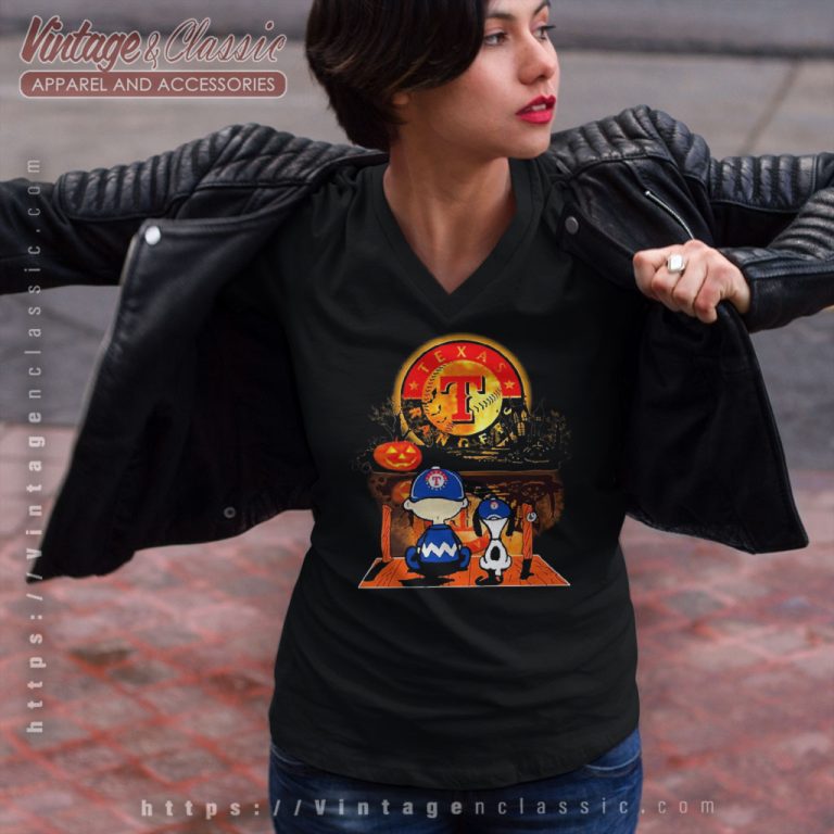 Snoopy And Charlie Browns Watching Texas Rangers Halloween V Neck TShirt Snoopy And Charlie Browns Watching Texas Rangers Halloween V Neck TShirt