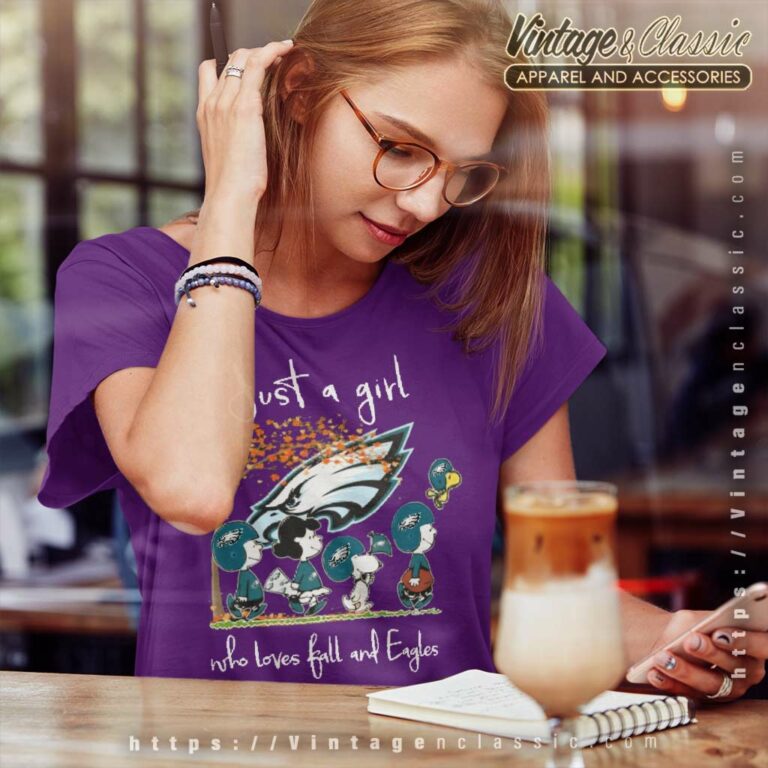 Snoopy And Friends Just A Girl Who Love Fall And Philadelphia Eagles 2023 Women TShirt Snoopy And Friends Just A Girl Who Love Fall And Philadelphia Eagles 2023 Women TShirt