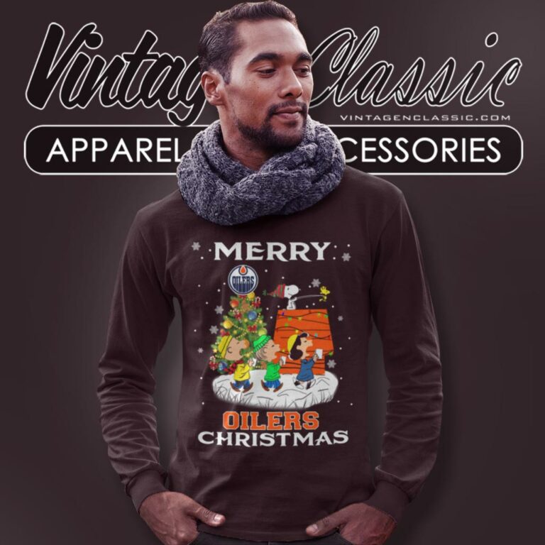 Snoopy And Friends Merry Edmonton Oilers Christmas Long Sleeve Tee Snoopy And Friends Merry Edmonton Oilers Christmas Long Sleeve Tee