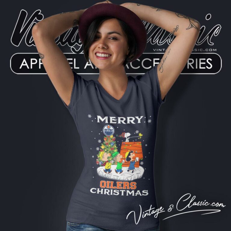Snoopy And Friends Merry Edmonton Oilers Christmas V Neck TShirt Snoopy And Friends Merry Edmonton Oilers Christmas V Neck TShirt