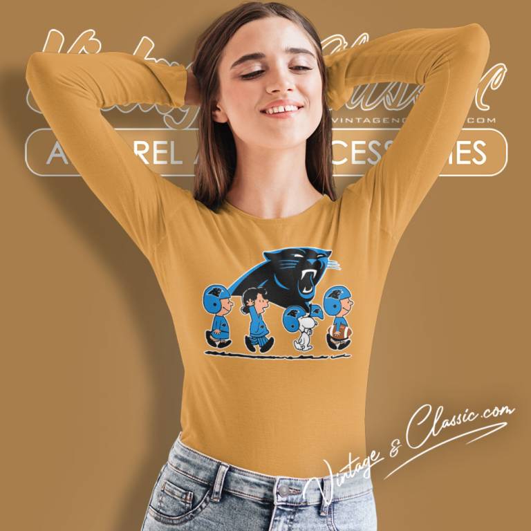 Snoopy And Friends Walking Carolina Panthers Long Sleeve Tee Snoopy And Friends Walking Carolina Panthers Long Sleeve Tee
