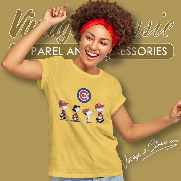 Snoopy And Friends Walking Chicago Cubs Women T Shirt Snoopy And Friends Walking Chicago Cubs Women T Shirt