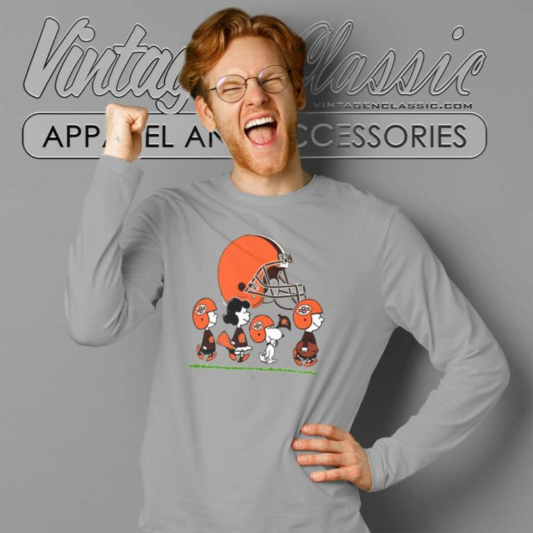 Snoopy And Friends Walking Cleveland Browns Long Sleeve Tee Snoopy And Friends Walking Cleveland Browns Long Sleeve Tee