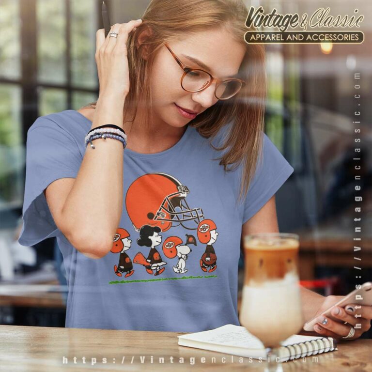 Snoopy And Friends Walking Cleveland Browns Women TShirt Snoopy And Friends Walking Cleveland Browns Women TShirt
