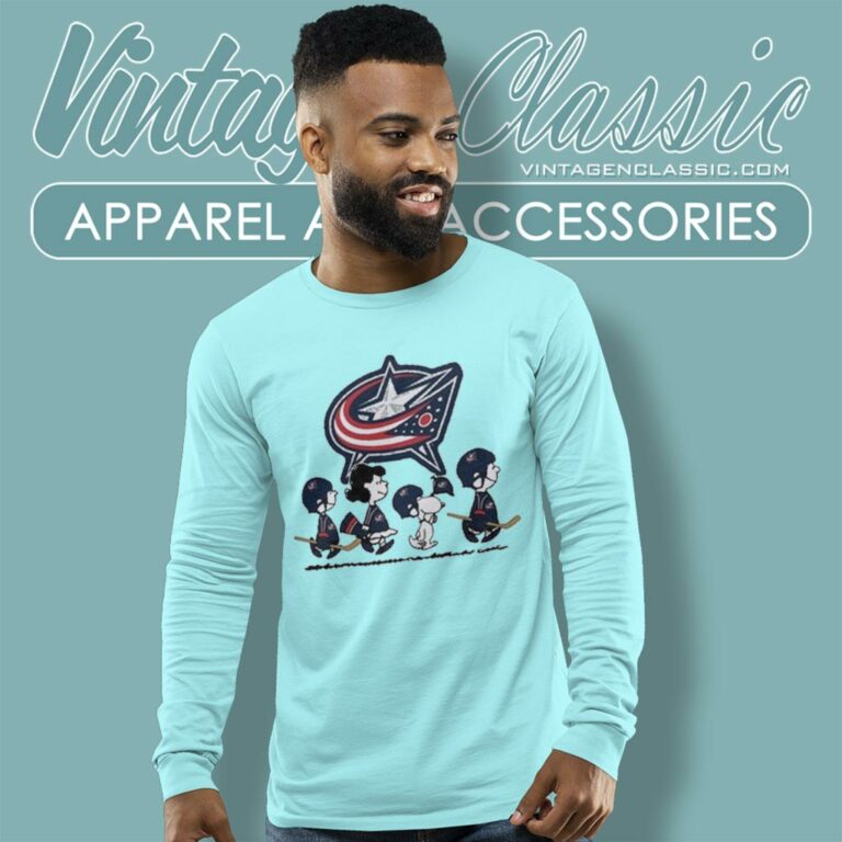 Snoopy And Friends Walking Columbus Blue Jackets Long Sleeve Tee Snoopy And Friends Walking Columbus Blue Jackets Long Sleeve Tee