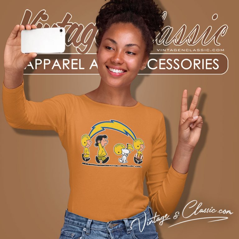 Snoopy And Friends Walking Los Angeles Chargers Long Sleeve Tee Snoopy And Friends Walking Los Angeles Chargers Long Sleeve Tee