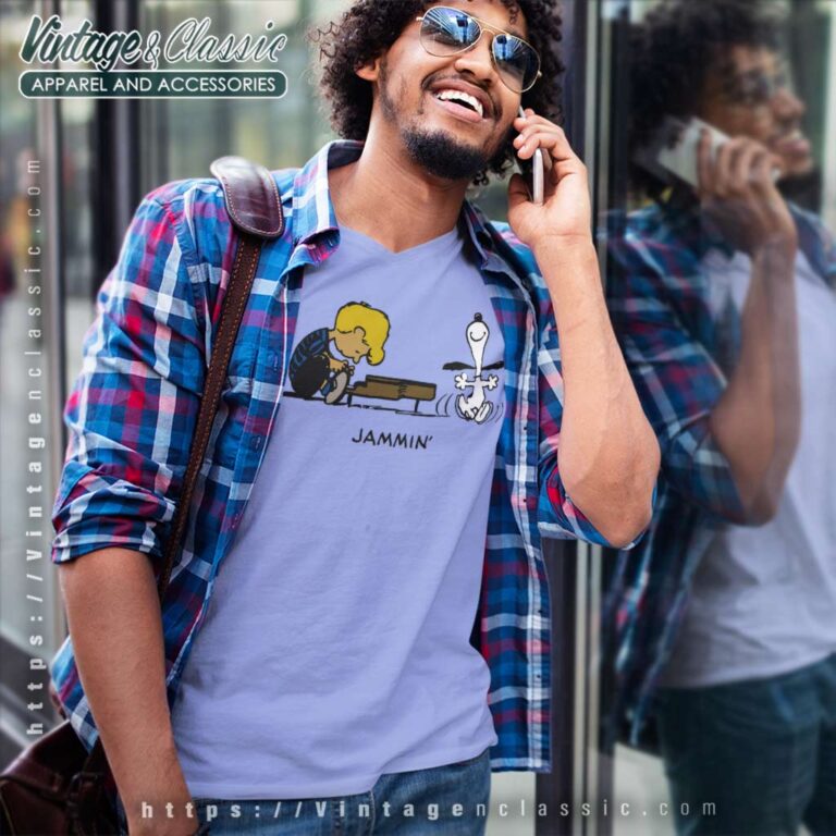 Snoopy And Schroeder Jammin V Neck TShirt Snoopy And Schroeder Jammin V Neck TShirt