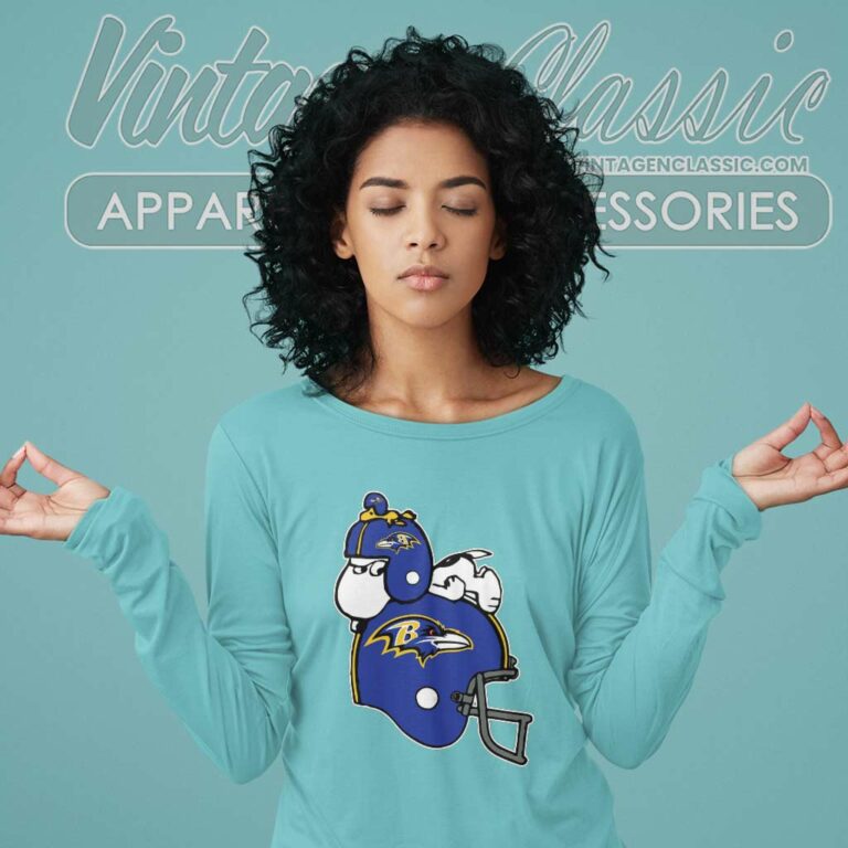 Snoopy And Woodstock Resting On Baltimore Ravens Helmet Long Sleeve Tee Snoopy And Woodstock Resting On Baltimore Ravens Helmet Long Sleeve Tee