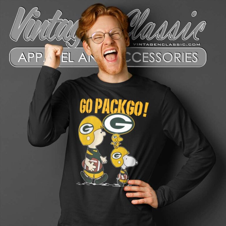 Snoopy Charlie Brown Go Pack Go Green Bay Packers Long Sleeve Tee Snoopy Charlie Brown Go Pack Go Green Bay Packers Long Sleeve Tee