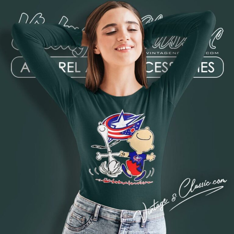 Snoopy Charlie Brown Happy Columbus Blue Jackets Long Sleeve Tee Snoopy Charlie Brown Happy Columbus Blue Jackets Long Sleeve Tee
