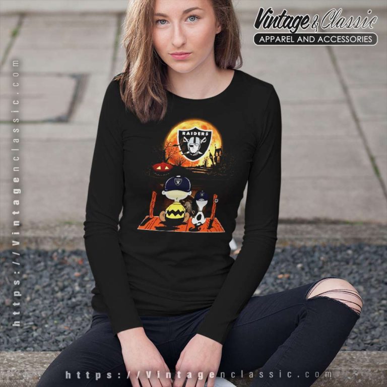Snoopy Charlie Brown Las Vegas Raiders Pumpkin Halloween Moon Long Sleeve Tee Snoopy Charlie Brown Las Vegas Raiders Pumpkin Halloween Moon Long Sleeve Tee