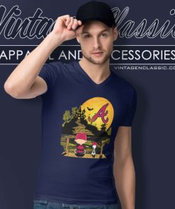 Snoopy Charlie Brown Sit Under Moon Atlanta Braves Halloween V Neck TShirt