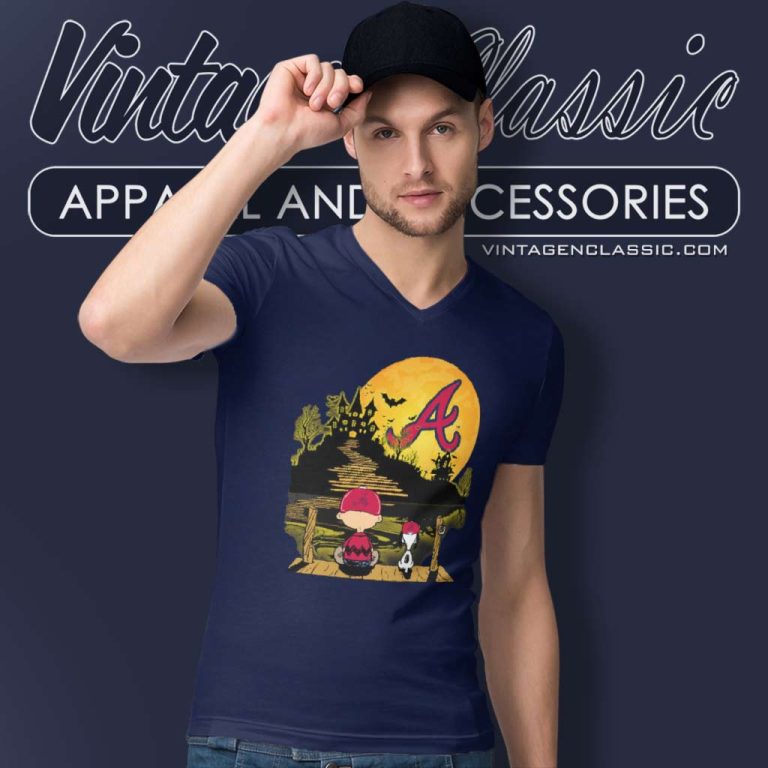 Snoopy Charlie Brown Sit Under Moon Atlanta Braves Halloween V Neck TShirt Snoopy Charlie Brown Sit Under Moon Atlanta Braves Halloween V Neck TShirt
