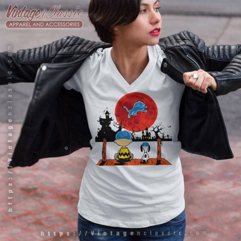 Snoopy Charlie Brown Sit Under Moon Detroit Lions Halloween V Neck TShirt Snoopy Charlie Brown Sit Under Moon Detroit Lions Halloween V Neck TShirt