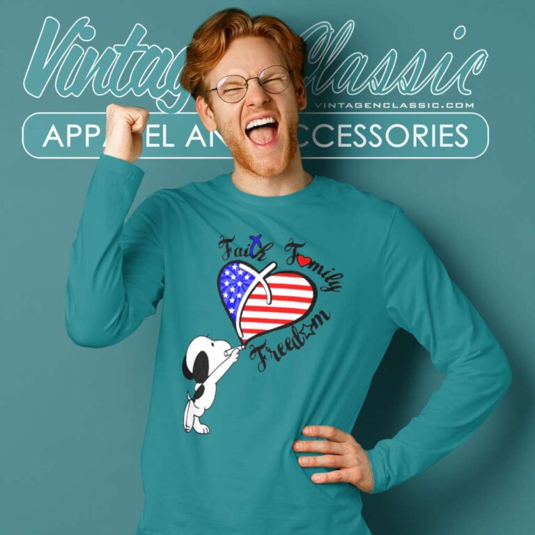 Snoopy Faith Family Freedom Heart American Flag Long Sleeve Tee Snoopy Faith Family Freedom Heart American Flag Long Sleeve Tee