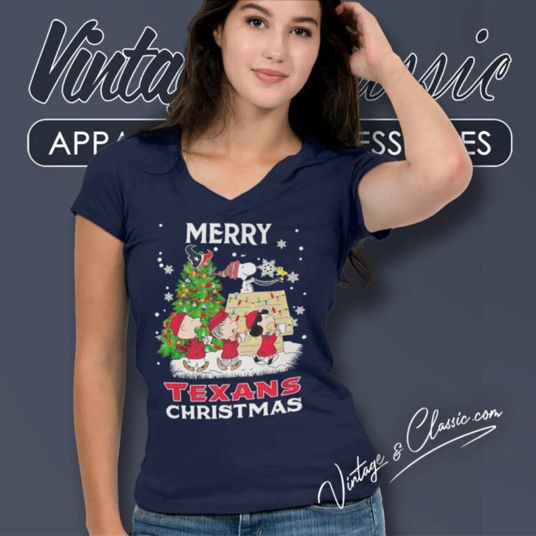 Snoopy Houston Texans Merry Christmas Peanuts Characters V Neck TShirt Snoopy Houston Texans Merry Christmas Peanuts Characters V Neck TShirt