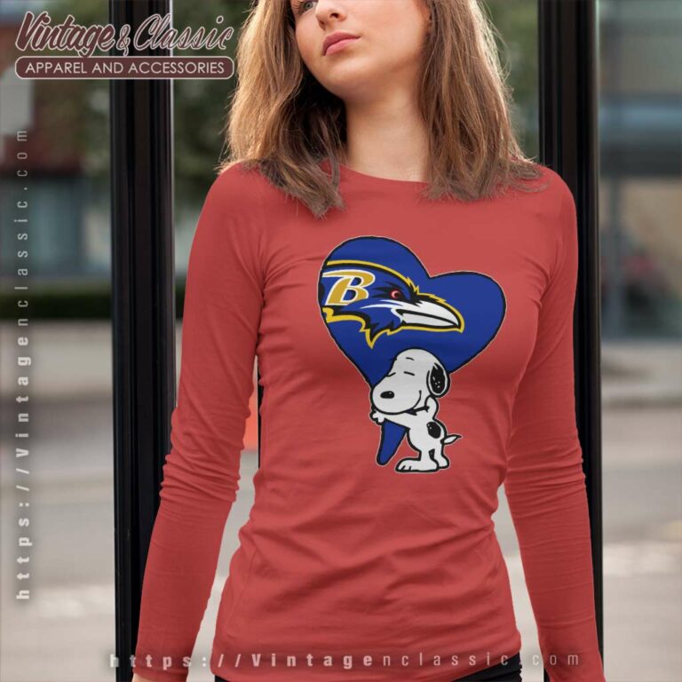 Snoopy Hugs The Baltimore Ravens Heart Long Sleeve Tee Snoopy Hugs The Baltimore Ravens Heart Long Sleeve Tee
